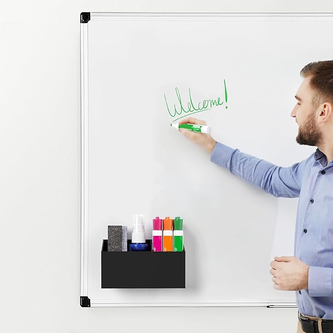 HBlife Magnetic Dry Erase Marker Holder for Whiteboard with 2 Compartments, Acrylic Wall Mount Magnet Pen Pencil Holder for Refrigerator, Locker Organizer Accessories for Classroom Office, Black