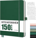 AHGXG Bullet Dotted Journal - 150 GSM Dot Grid Notebook Journal, Thick Acid-Free Paper, A5 Dotted Notebook 128 Pages, Leather Hardcover, Inner Pocket, Journal Stencil, 5.7'' × 8.3'' - Green