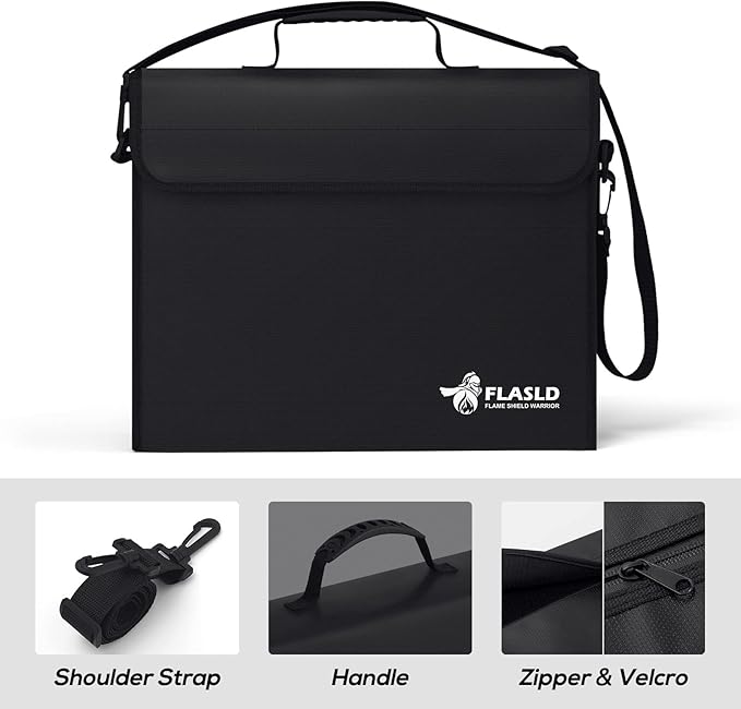 FLASLD Fireproof Document Bags, 15x12x5” Large Fireproof & Water Resistant Bag, Holder Home Office Portable Filing Storage for Valuables, Fireproof Folder FireSafe Box for Cash, Passport