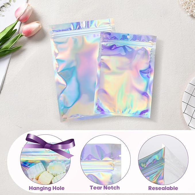 100Pcs Holographic Packaging Bags, 3.1x4.7 inch Resealable Foil Pouch Mylar Sample Bag Great for Small Business and Party Favor Food Storage……