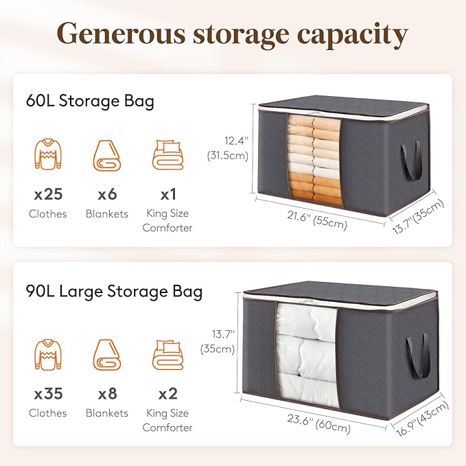 Lifewit Large Capacity Clothes Storage Bag Organizer with Reinforced Handle Thick Fabric for Comforters, Blankets, Bedding, Foldable with Sturdy Zipper, Clear Window, 9 Pack, 90L, Grey