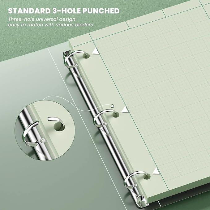 Engineering Paper 8.5 x 11, 3 Pack Engineering Notebook, 5x5 Quad Ruled, 3-Hole Punched Graph Paper, Top Binding Green Engineering Computation Pad 8.5 x 11, 100 Sheets/Pad Engineering Paper Notebook