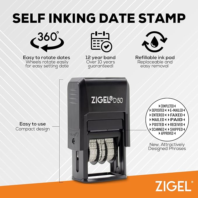 ZIGEL D50 Date Stamp with MAILED - Self Inking Date Stamp - Blue/Red