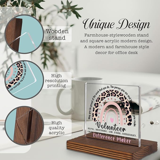 Volunteer Appreciation Gift Desk Sign Leopard Rainbow Decor, Motivational Thank You Plaque for Community Helpers PA083