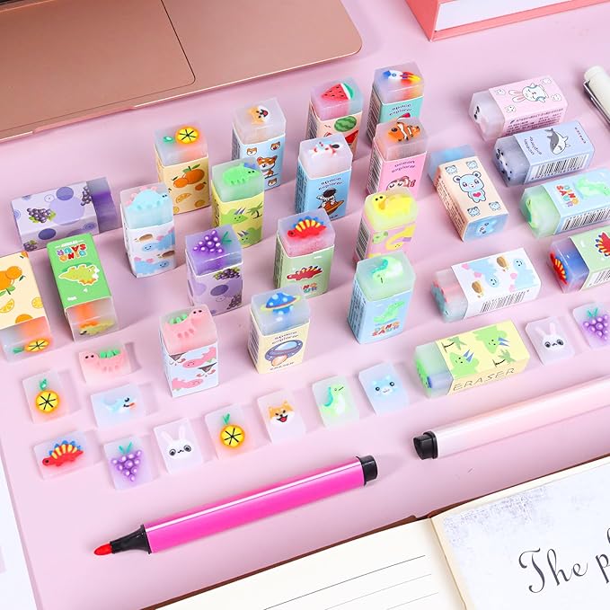 100PCS Cute Animal Erasers for Kids, Count Bulk Pack, Assorted Designs, Back to School Supplies
