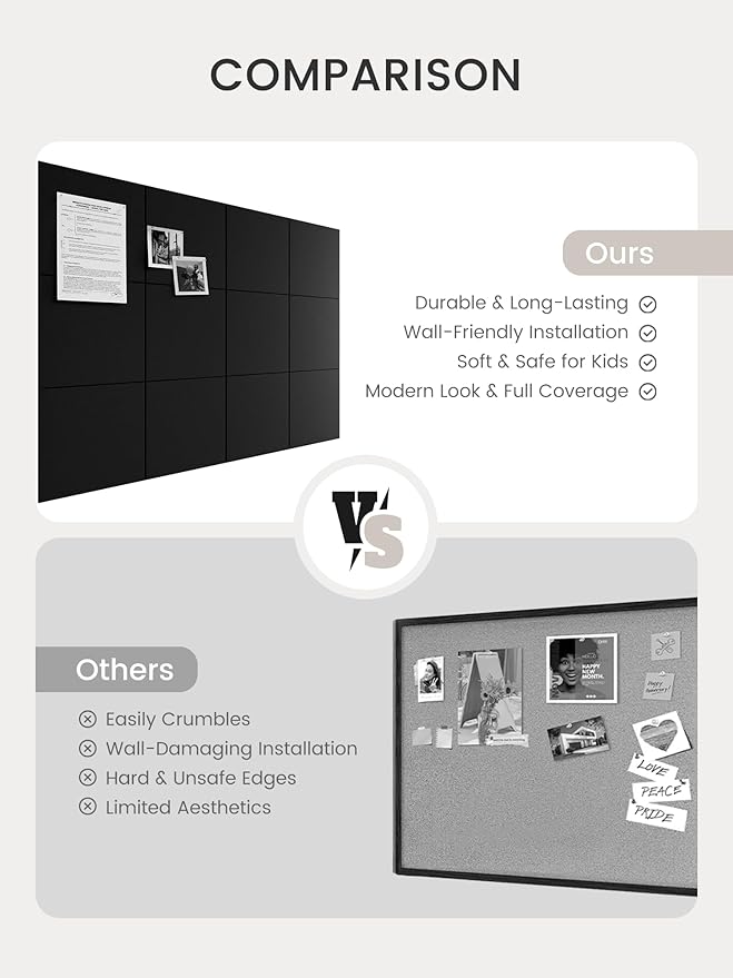 Bumusty Large Cork Board 47"x35" Alternative - 12 Pack Felt Wall Tiles with 70 Safe Removable Adhesive Tabs, 30 Pushpins, Cork Boards for Walls Pin Board Bulletin Board Office Decor (Black)