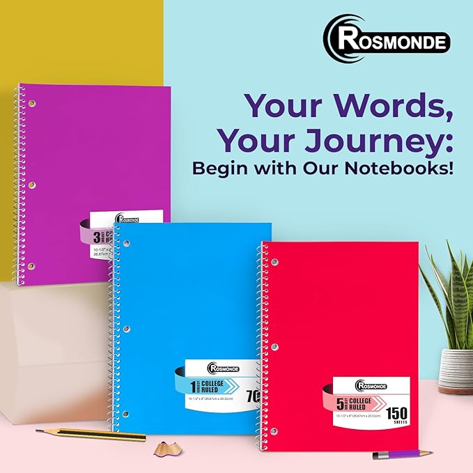 Rosmonde Spiral Notebook 36 Pack, 5 Subject, 300 Pages/Book (150 Sheets), College Ruled, 8 x 10-1/2, School & Office Bulk Spiral Notebooks, Sturdy Spiral Journal Notebook, Soft Cover, Assorted Colors