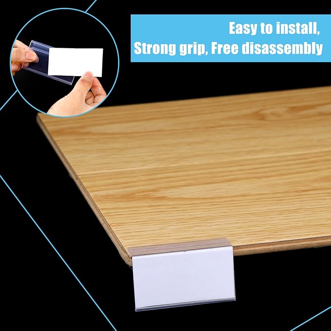 Qunclay 100 Pcs Shelf Label Holder Glass Wood 1.25 x 3 Inches Clear Plastic Clip on Labels Shelf Tags for Wire Shelving 0.15'' to 0.4'' Shelves Sign Price Tags