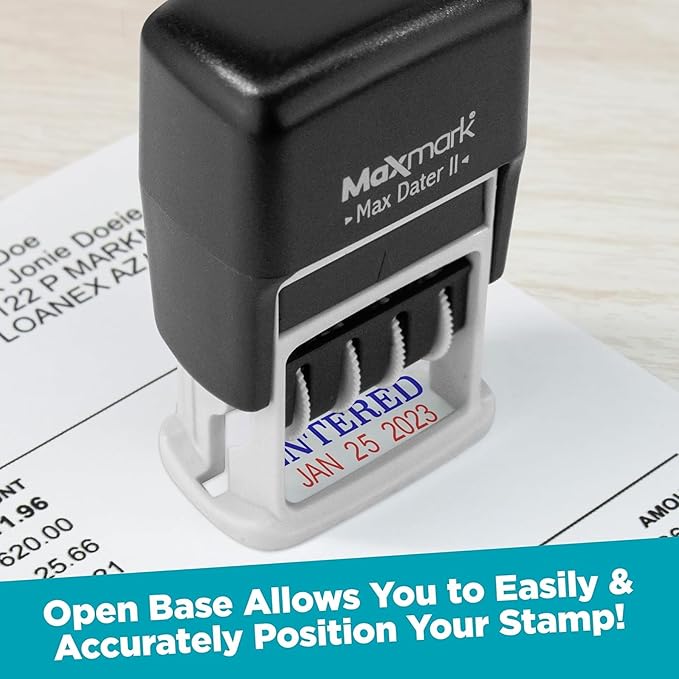 MaxMark Self-Inking Rubber Date Office Stamp with Entered Phrase & Date - RED Ink (Max Dater II), 12-Year Band