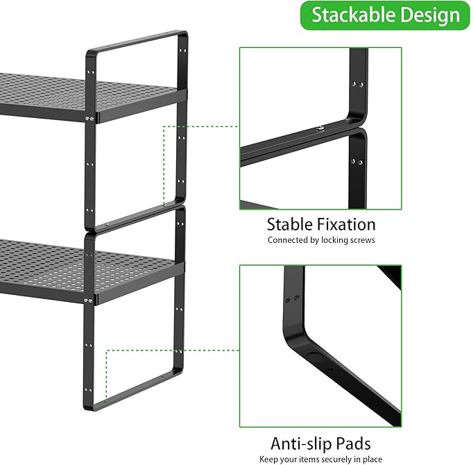 SOFRON Expandable Cabinet Storage Shelf Stackable Organizer Rack for Kitchen Bathroom Pantry Spice Cupboard Coffee Countertop Home Office Desk Heavy Duty Nonslip Black Large 3 Packs