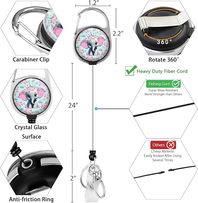 Giancomics Cute Flower Elephant ID Badge Holder with Lanyard, Lanyards for ID Badges with Badge Reel Retractable Heavy Duty, Lanyard with ID Holder Keychain Clip ID Card Holder Teacher Women Work
