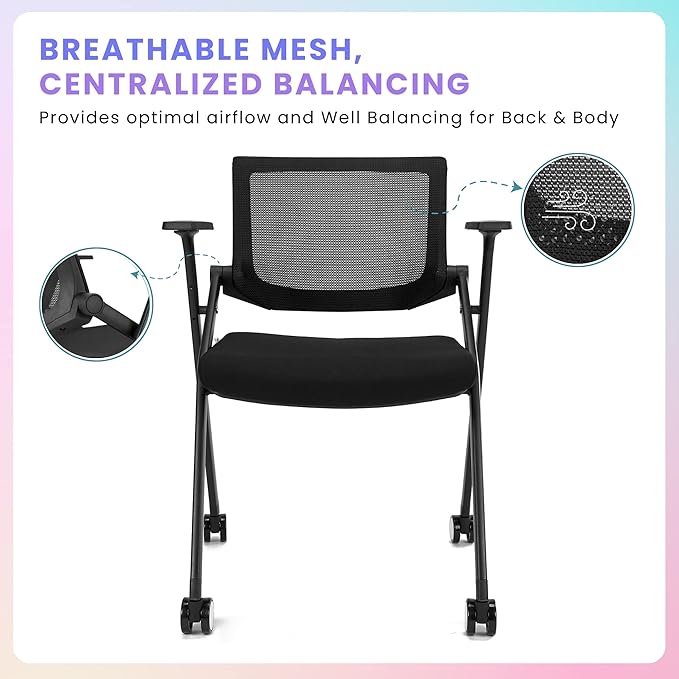 6 Pack Stackable Conference Room Chairs with Wheels and Paddle, Ergonomic Mesh Back and Arms for Meeting, Conference, Reception, Training Room & Home Office Desk Folding Chairs