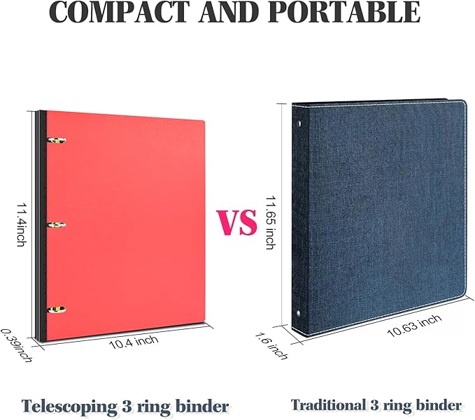 INFUN Telescoping 3 Ring Binder - 12 PCS, Portable 0.75 inch Plastic 3 Ring Binder with Telescoping Spine ，Binders with Foldable Front Cover Holds 8.5" x 11" Paper for School,Office and Homes