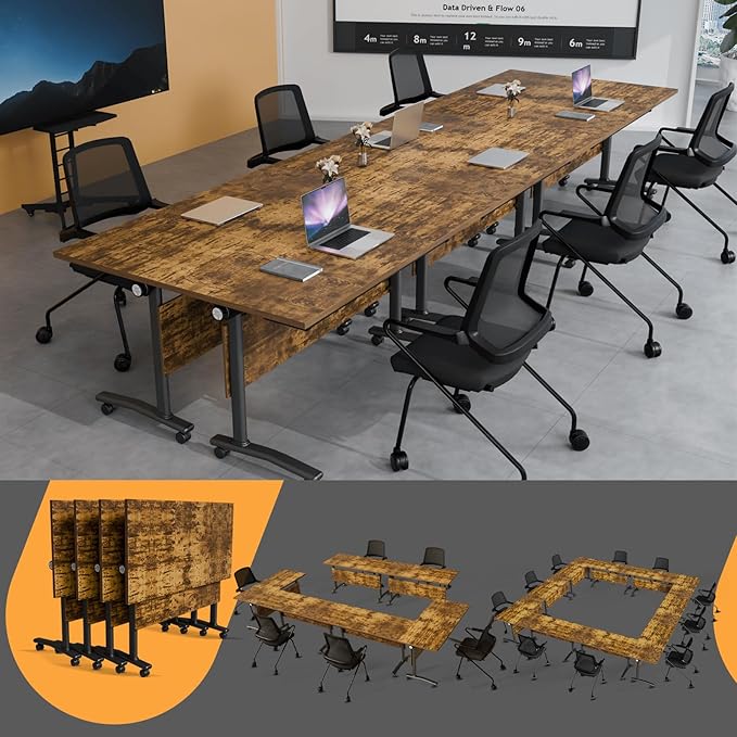 Folding Conference Table 4ft 5ft, Foldable Office Meeting Desk for 6 People, Multiple Sizes Colors Mobile Conference Room Table for Training Room School Business Furniture (2, Brown, 63in)
