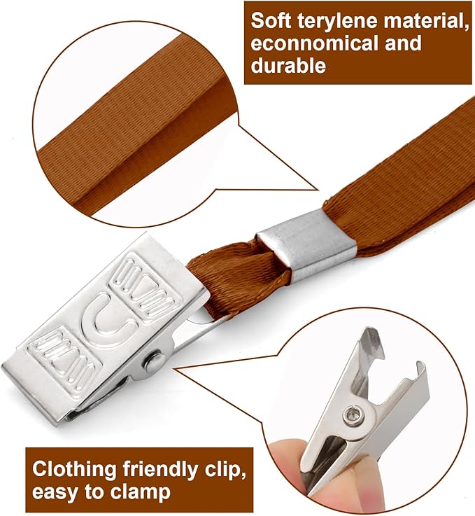 100 Pcs Lanyards for ID Badges and 100 Pcs Clear Name Tag Holders Reusable Lanyard with Clip Plastic ID Card Badge Holder Name Badges for Adults Kids Business School Office Supplies (Brown)