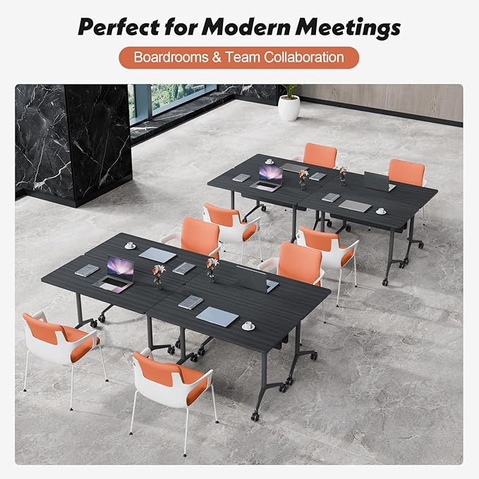 Goakwwuz Conference Room Table, Folding Conference Tables,Thicken Grey Tabletop,Flip Top Wooden Seminar Meeting Room Table for Conference Room Offices (2, BlackWoodGrain, 55.1”)