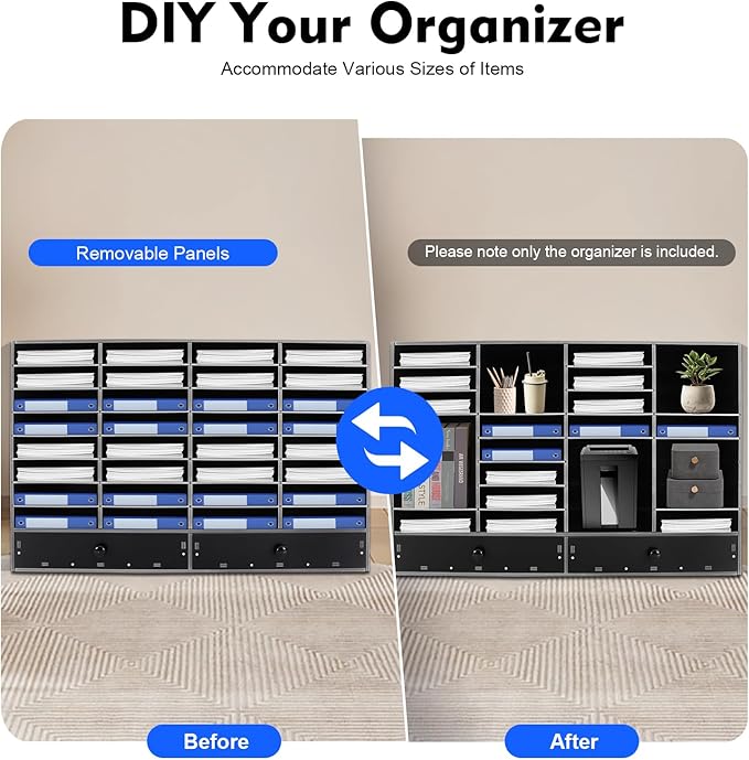 Fifizoo Literature Organizer with 32 Compartments | Adjustable Desktop File Sorter Mail Center for Home, Office & Classroom | PVC Paper Storage Cabinet with 2 Drawers and Shelves, Black