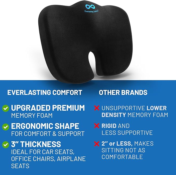 Everlasting Comfort Doctor Recommended Memory Foam Seat Cushion for Office Chairs & Car - Ergonomic Office Desk Accessories - Cushions for Tailbone Pain Relief, Sciatica (Black Upgraded, Large)
