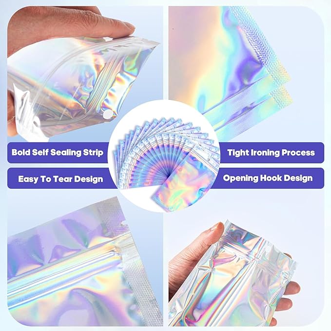 100Pcs Holographic Packaging Bags, 2.7x3.9 inch Resealable Foil Pouch Mylar Sample Bag Great for Small Business and Party Favor Food Storage Favors, Small Business Packaging