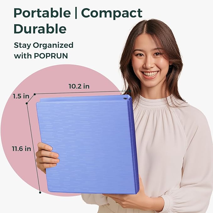 POPRUN 3 Ring Binder 1 Inch, PVC-Free, Holds 175 Sheets of 8.5 x 11 Paper, Extra Durable Organizer with 2 Pockets for School & Office, Heavy-Duty, 1 Pack, Prussian Blue