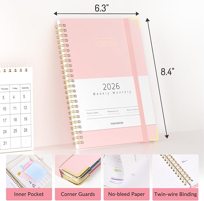 Forvencer 2026 Planner, Hardcover Calendar Planner Weekly and Monthly, Jan 2026 - Dec 2026, 6" x 8", Spiral Agenda Book with Tabs, Exquisite Daily Journal Organizer for Home School, Beige