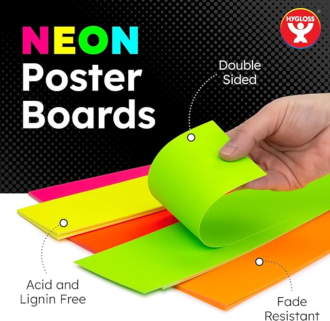 Hygloss Small Poster Board 4x11 - 50 Assorted Neon Color Poster Boards Bulk Pack - 10 Pt. Thickness Colored Poster Board Paper for Projects, Flash Cards, Signs - Posterboard Multipack 4" x 11"