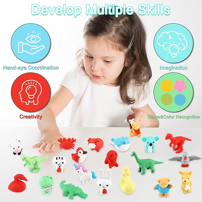 URSKYTOUS 80Pcs Animal Erasers Kids Desk Pets Pencil Erasers 3D Puzzle Eraser Bulk Fun Cute Mini Animal Eraser Toys for Classroom Rewards, Game Prizes, Treasure Box, Easter Egg Fillers