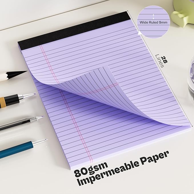 360 Sheets Purple Legal Pads 8.5" x 11" Pack of 12 Note Pads Wide Ruled Lined Paper with Micro-Perforated Writing Notebook 30 Sheets per Pad To-Do List Notepad for School, Office & Home Supplies