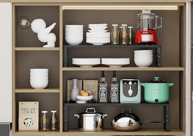 Jojocross Expandable Cabinet Shelf Organizer Storage Spice Rack Shelves for Kitchen Stackable Adjustable Pantry Cupboard Bathroom Countertop Desktop(2Packs/Black/Medium-with Hole)