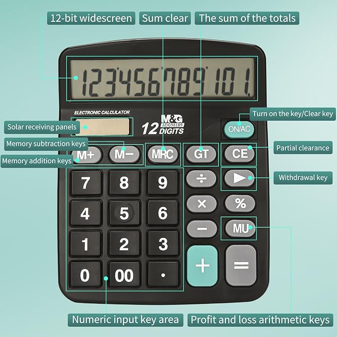 M&G Desk Calculator 12 Digit Office Calculators with Large LCD Display, Dual Solar Power and Battery, Recessed Big Button Calculator for Office Home (Black)