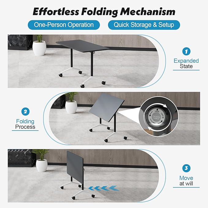 Goakwwuz Conference Room Table, Folding Conference Tables,Thicken Grey Tabletop,Flip Top Wooden Seminar Meeting Room Table for Conference Room Offices (2, Black, 61.0“)