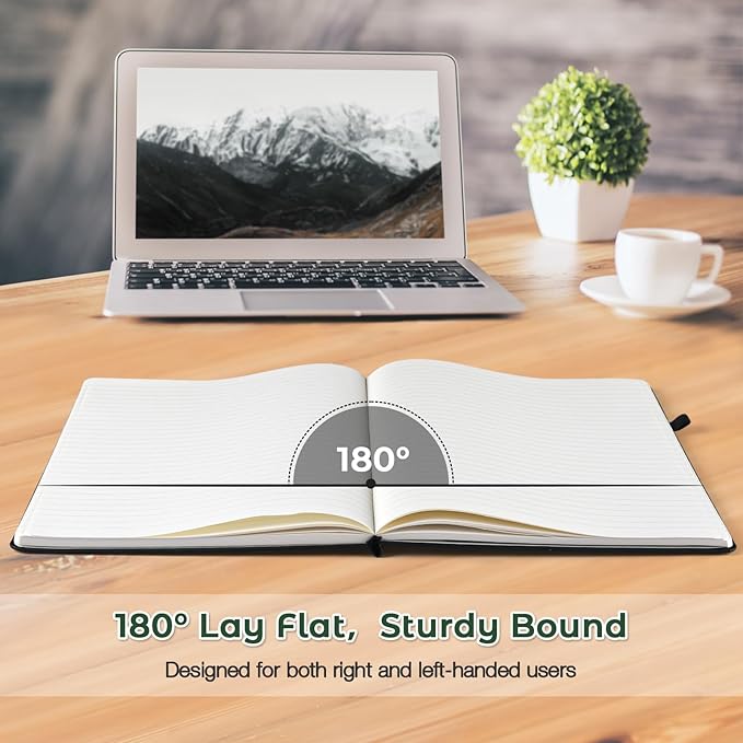 Lined Journal Notebook, 8.5" x 11" Hardcover Leather Notebook for Work, Wide Ruled Notebook Journal for Women Men, 192 Thick Paper, Lay Flat, 2 Pockets, A4 Large Journals for Writing, Green Notebook