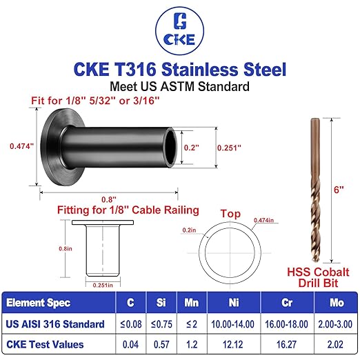 CKE 50 Pack T316 Stainless Steel Black Protector Sleeves for 1/8" 5/32" or 3/16" Cable Deck Stair Railing Kit System, Black Cable Railing Protective Sleeves for Wood Posts, DIY Balustrade, BCR01-3/16