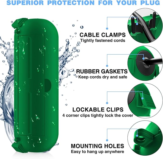 Flemoon [3 Pack] Outdoor Extension Cord Safety Cover, IPX4 Weatherproof Electrical Box to Protect Outdoor Outlet, Plug, Socket, Halloween, Christmas Holiday Decoration Light, Green