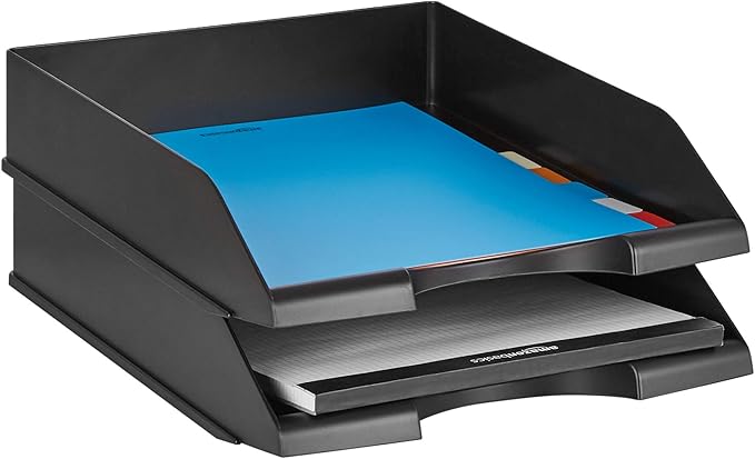 Amazon Basics Rectangular, Stackable Office Letter Organizer Desk Tray, Black, Pack of 2