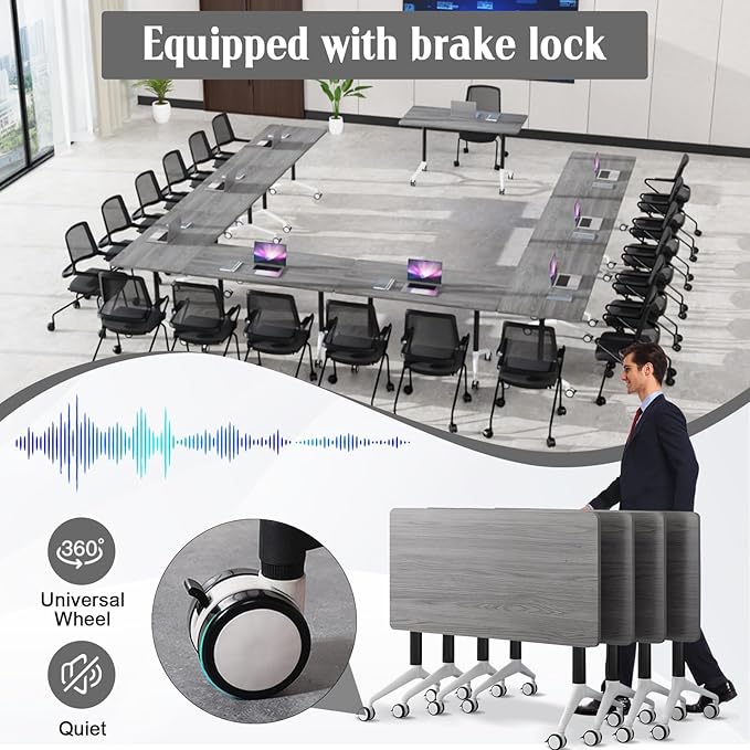 JEHUJD Conference Table,55.1''Folding Conference Room Table for 4-12 People,Mobile Flip Top MeetingTraining Table with Different Coulor and Styles for Offices, Classrooms,Meeting Room (4, 61''F)