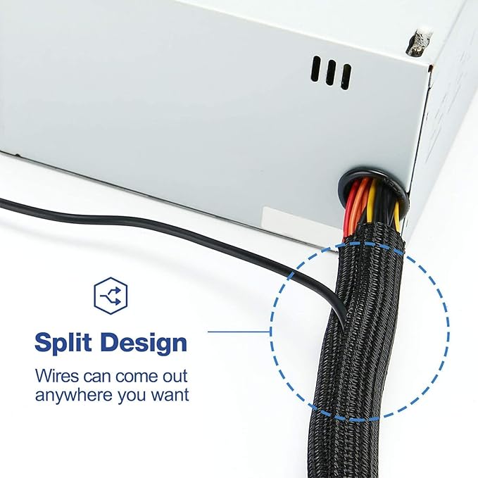 QCSIW 1/2" x 10ft Black/White Cable Sleeve - Protects Cords from Pets & Organizes Wires - Modern Style - Polyester Material - Flame Retardant - Easy to Use & Cut