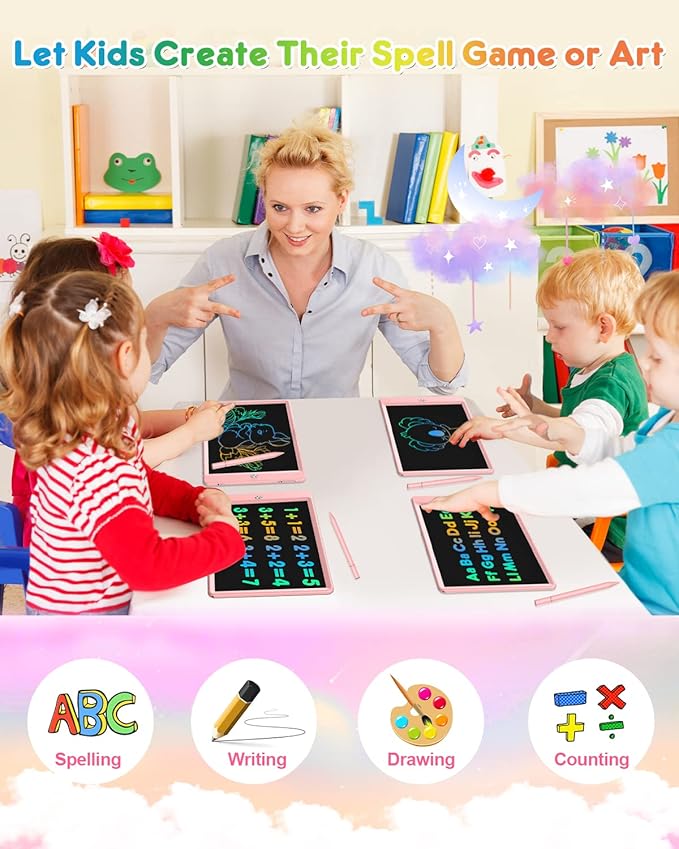 FLUESTON LCD Writing Tablet, Doodle Board Toys Gifts for 3-8 Year Old Girls Boys, 10 Inch Colorful Electronic Board Drawing Pad for Kids, Christmas Gifts for Toddler Educational Learning Travel, Pink