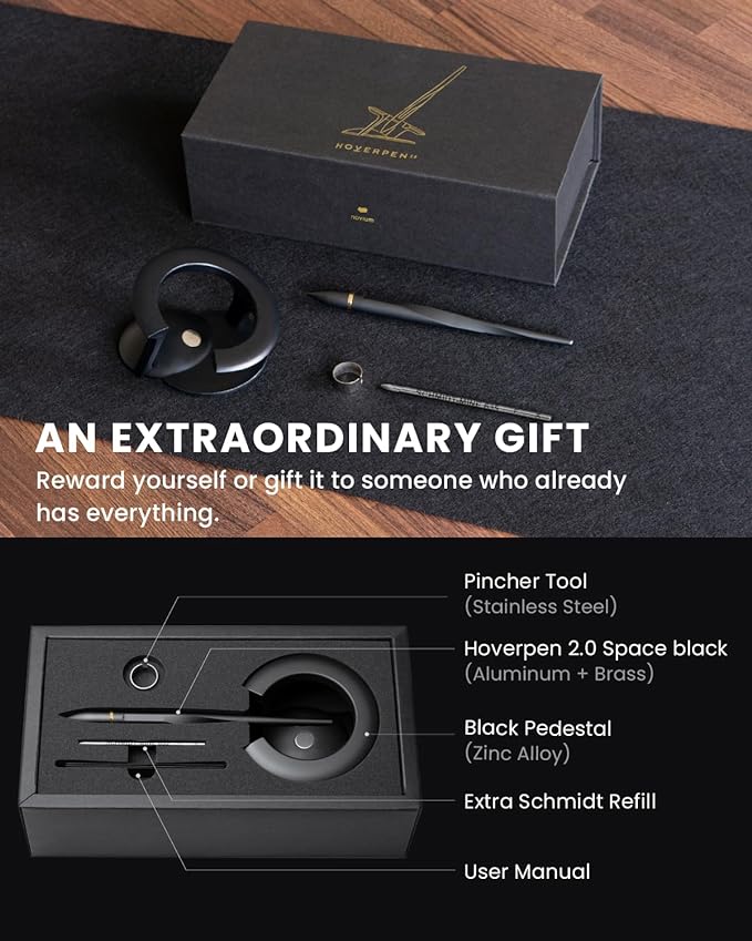 novium Hoverpen Interstellar - Space Black, Ballpoint Pen, 18K Gold-plated Pen Ring, 23.5 Degree Angle, Schmidt Ballpoint Refill, No Spills, No Spotting, No Explosions