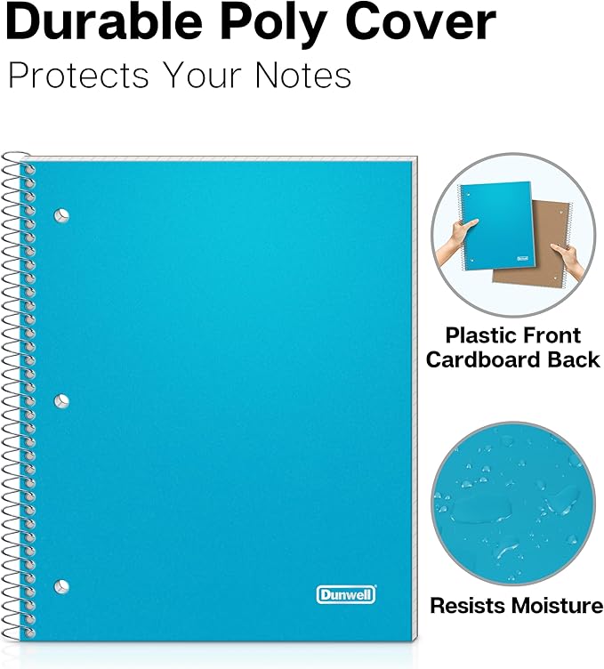 Dunwell Graph Paper Notebook 8.5 x 11 (3-Pack Red Blue Black) Plastic Cover, 100 Sheets (200 Pages), Perforated 3-Hole Punched, 4x4 Squares, Spiral Notebook, 1/4" Grid, Divider with Pockets