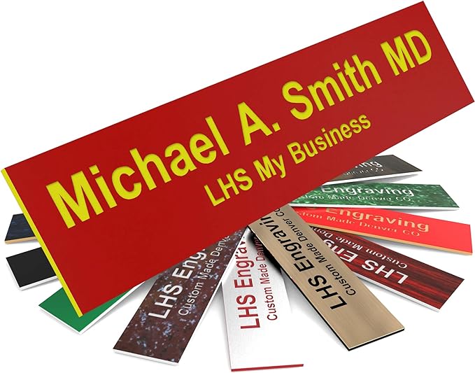 Door Name Plate Personalized for Office Red Plastic Name Plate with Yellow Letters - Made in USA 2x6 B22