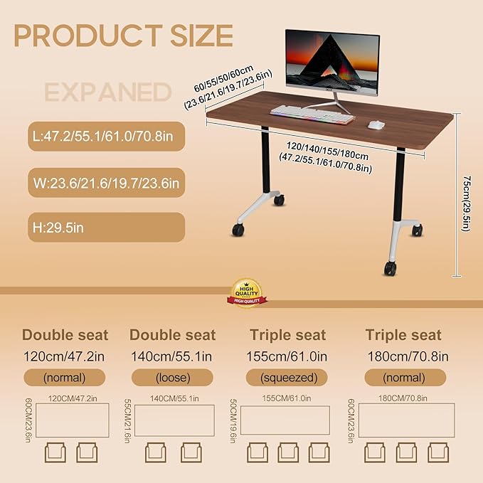 Folding Conference Table 4ft 5ft, Foldable Office Meeting Desk for 6 People, Multiple Sizes Colors Mobile Conference Room Table for Training Room School Business Furniture (6, Walnut, 71in)