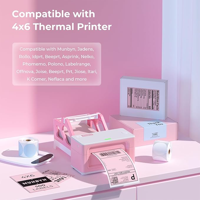 MUNBYN 4"x6" Pink Direct Thermal Shipping Labels, Commercial Grade Permanent Adhesive Fanfold Mailing Postage Label Paper for Thermal Printers and Packages, 500 Sheets per Stack