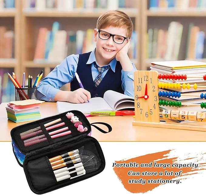 Wolf Howling Moon Lightning Pencil Case Box Boys Girls Large Pencil Pouch with Zipper Compartments Big Capacity Stationery Pen Bag Organizer for Kids Teens Adults School