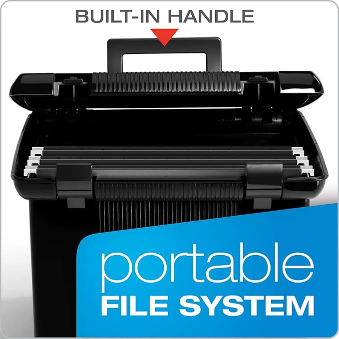 Pendaflex Portable File Box with File Rails, Simple Document Storage, File Bin for Home and Office, Hinged Lid with Double Latch Closure, Black, 3 Black Letter Size Hanging Folders Included (41742AMZ)
