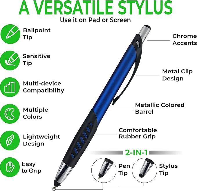 Personalized Pens With Custom Logo or Text-350 Pack Bulk-for Businesses, Parties, and Events, 2 in 1 Ballpoint Pen & Capacitive Stylus for Touchscreen Devices, Click Action, Black Ink, Light Blue