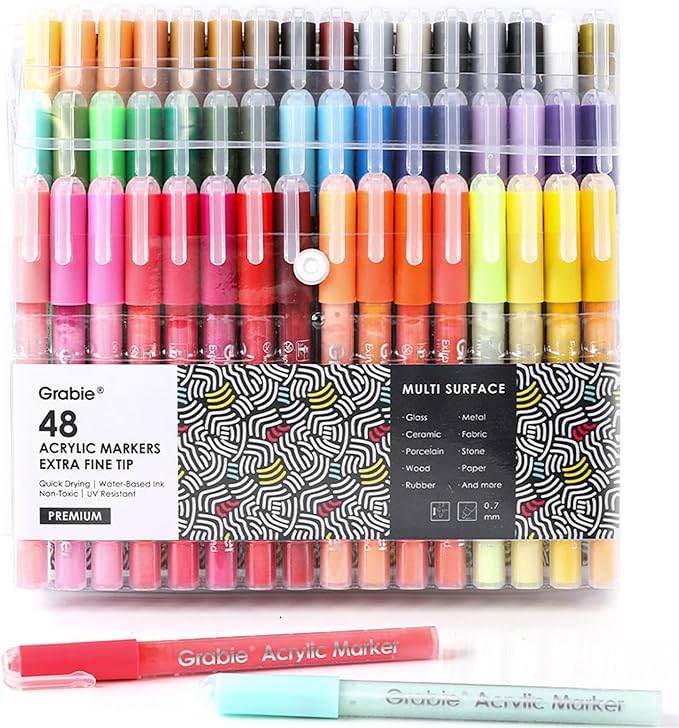 Grabie Acrylic Paint Pens Markers, 48 Colors, 0.7 mm, Extra Fine Tip Drawing Markers, Premium Paint Pens for Painting on Various Surface, Art Supplies
