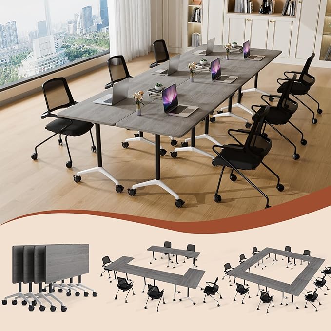 Folding Conference Table 4ft 5ft, Foldable Office Meeting Desk for 6 People, Multiple Sizes Colors Mobile Conference Room Table for Training Room School Business Furniture (4, Grey, 55in)