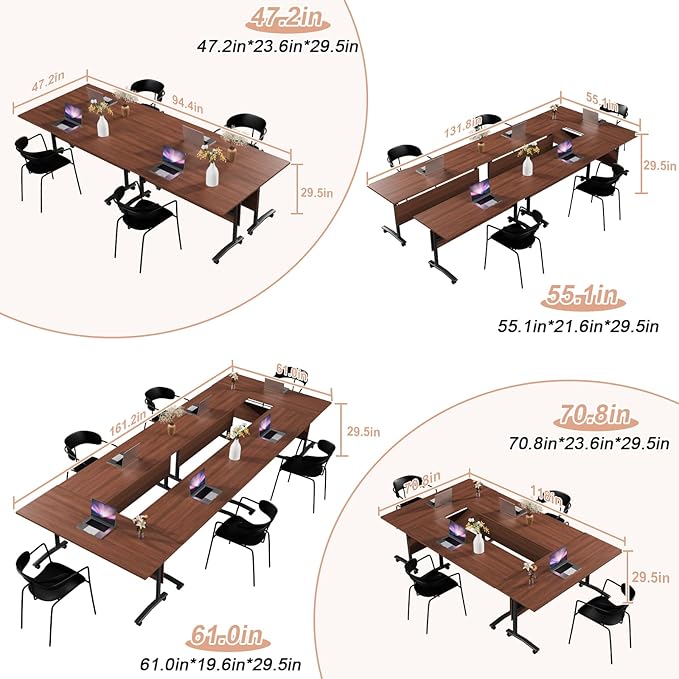 Conference Table Flip Top Mobile Conference Room Tables,Folding Conference Table with Wheels,Large Meeting Training Seminar Table Saving Space for Office Classroom(6D,61'')