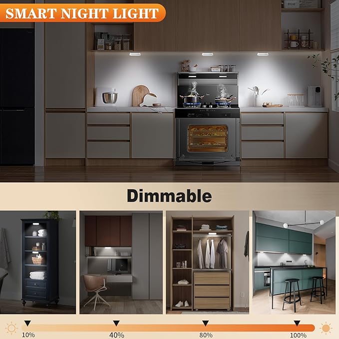 LED Closet Step Lights Motion Sensor Puck Light Compatible with Charging Station, 3 Colors Temperatures USB Rechargeable Indoor Under Cabinet Lighting(6 Pack, Without Charge Stand)